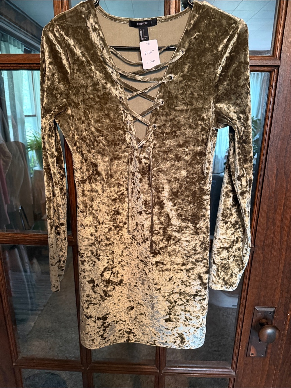 Forever 21 Olive Crushed Velvet Lace-Up Mini Dress